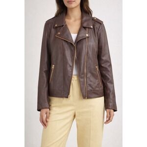 Chicos Brown Faux Leather Moto Jacket Size 3 US 16/18 Gold Hardware Asymmetrical